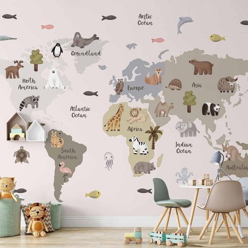 Carta da parati - Pastel Map - Animals and Continents for Childrens Room in Sticker da muro e lettere in legno Collezione Casa - Trebisacce, commercioVirtuoso.it