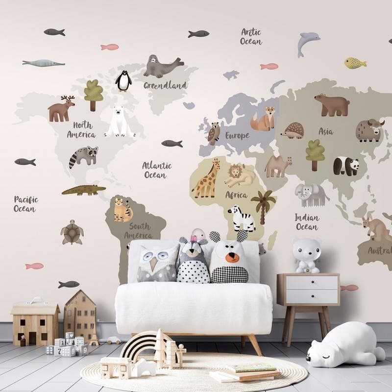 Carta da parati - Pastel Map - Animals and Continents for Childrens Room in Sticker da muro e lettere in legno Collezione Casa - Trebisacce, commercioVirtuoso.it