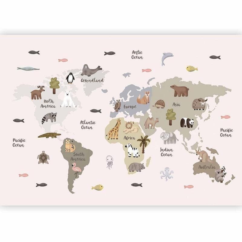 Carta da parati - Pastel Map - Animals and Continents for Childrens Room in Sticker da muro e lettere in legno Collezione Casa - Trebisacce, commercioVirtuoso.it