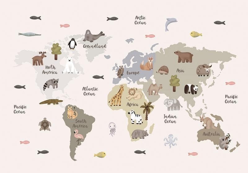 Carta da parati - Pastel Map - Animals and Continents for Childrens Room in Sticker da muro e lettere in legno Collezione Casa - Trebisacce, commercioVirtuoso.it