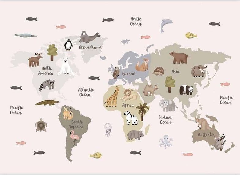 Carta da parati - Pastel Map - Animals and Continents for Childrens Room in Sticker da muro e lettere in legno Collezione Casa - Trebisacce, commercioVirtuoso.it