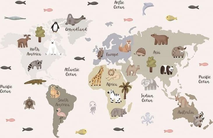 Carta da parati - Pastel Map - Animals and Continents for Childrens Room in Sticker da muro e lettere in legno Collezione Casa - Trebisacce, commercioVirtuoso.it