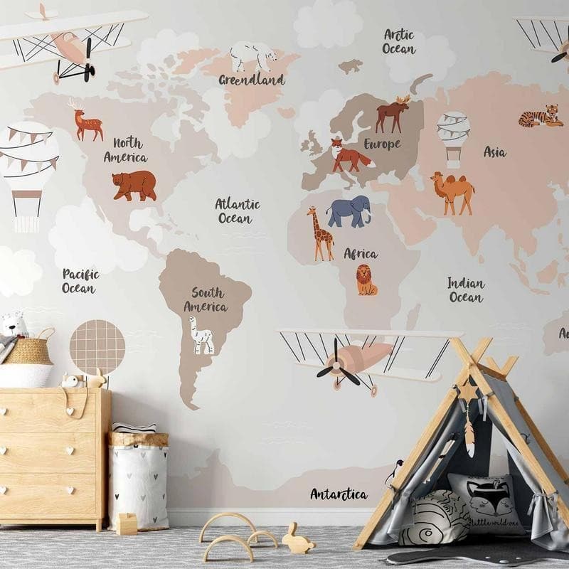 Carta da parati - World Map in Beige Tones for Childrens Room in Sticker da muro e lettere in legno Collezione Casa - Trebisacce, commercioVirtuoso.it