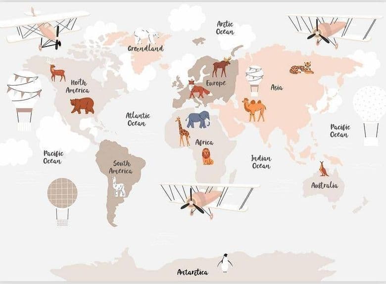 Carta da parati - World Map in Beige Tones for Childrens Room in Sticker da muro e lettere in legno Collezione Casa - Trebisacce, commercioVirtuoso.it