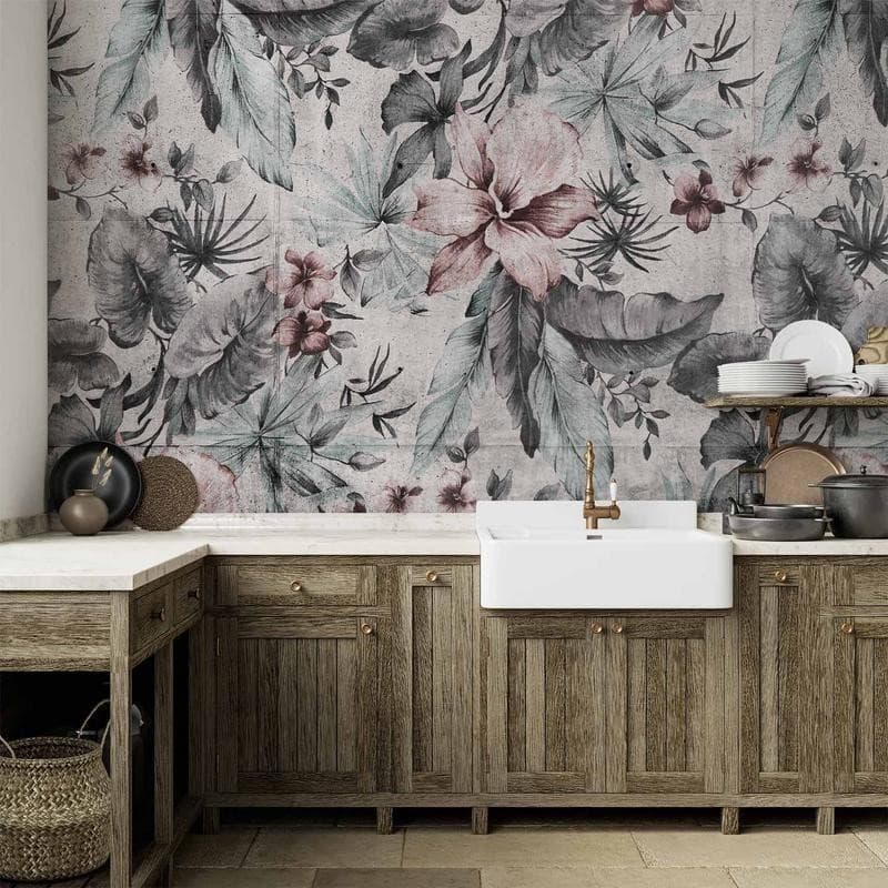 Carta da parati - Nature in retro style - landscape with leaves and flowers in grey tones in Carta da parati Collezione Casa - Trebisacce, commercioVirtuoso.it