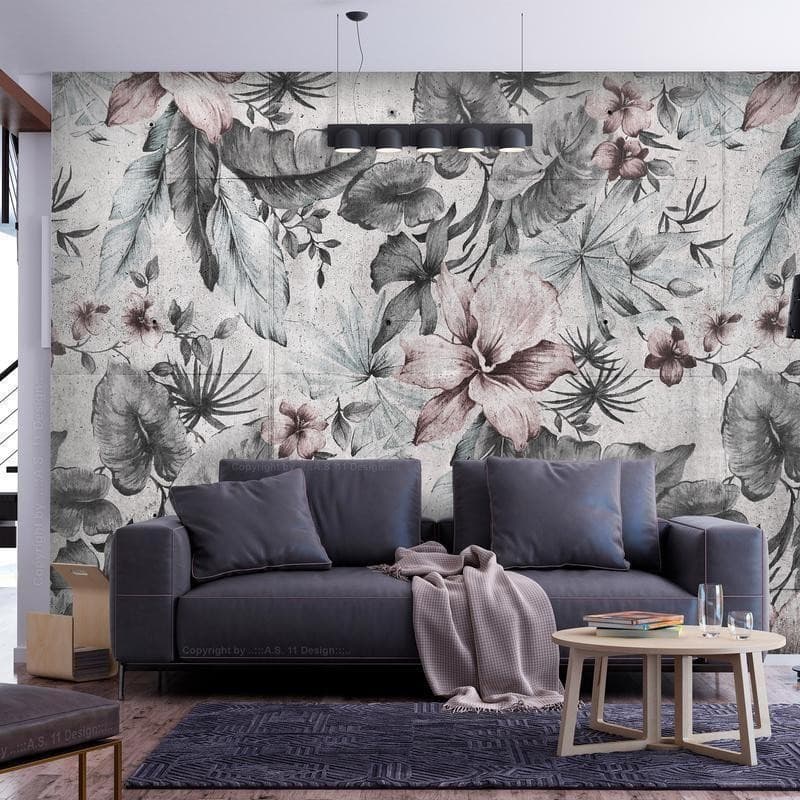 Carta da parati - Nature in retro style - landscape with leaves and flowers in grey tones in Carta da parati Collezione Casa - Trebisacce, commercioVirtuoso.it