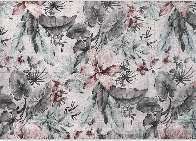 Carta da parati - Nature in retro style - landscape with leaves and flowers in grey tones in Carta da parati Collezione Casa - Trebisacce, commercioVirtuoso.it