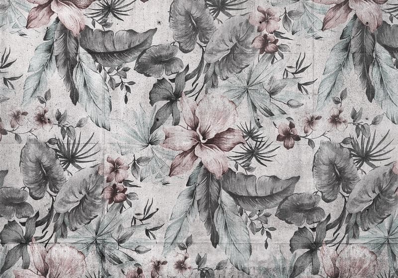 Carta da parati - Nature in retro style - landscape with leaves and flowers in grey tones in Carta da parati Collezione Casa - Trebisacce, commercioVirtuoso.it