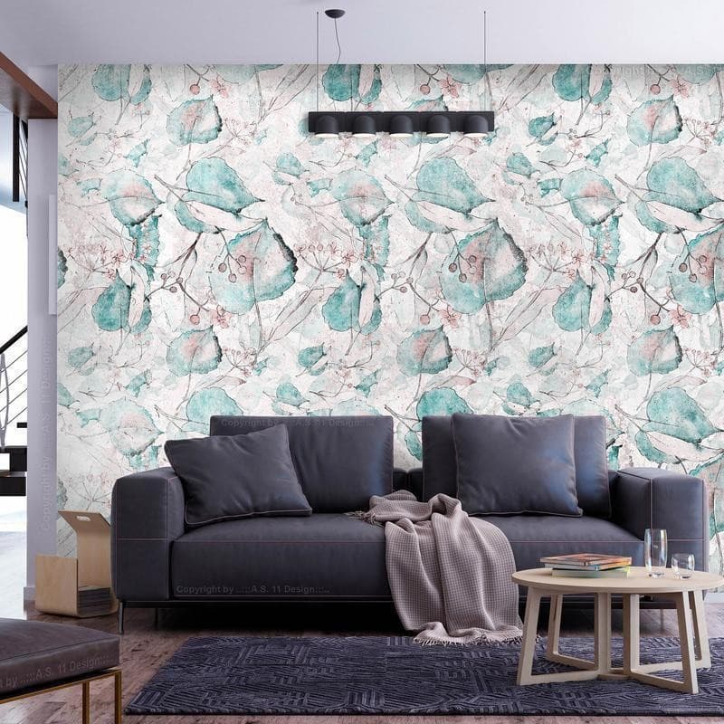 Carta da parati - Autumn souvenirs - floral pattern with turquoise leaves in Carta da parati Collezione Casa - Trebisacce, commercioVirtuoso.it