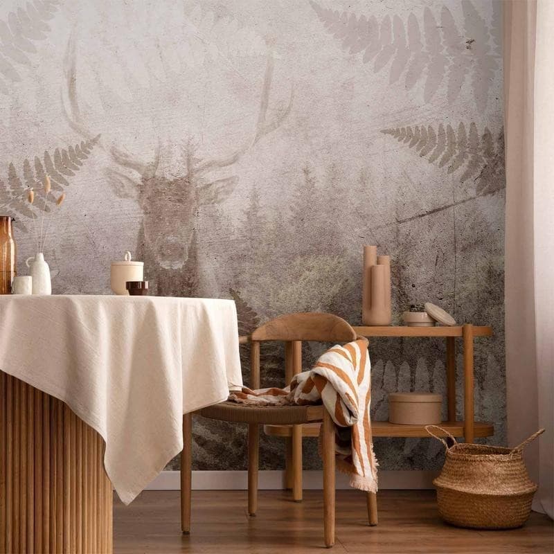 Carta da parati - Forest motif - deer with antlers among fern leaves on concrete pattern in Carta da parati Collezione Casa - Trebisacce, commercioVirtuoso.it
