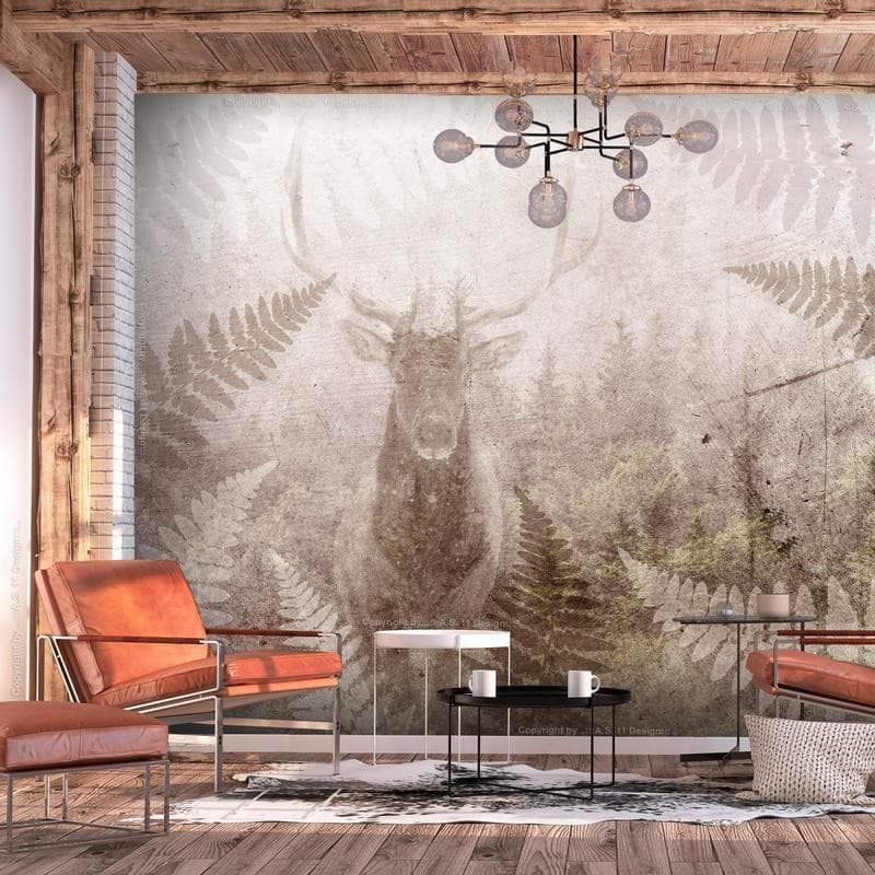 Carta da parati - Forest motif - deer with antlers among fern leaves on concrete pattern in Carta da parati Collezione Casa - Trebisacce, commercioVirtuoso.it