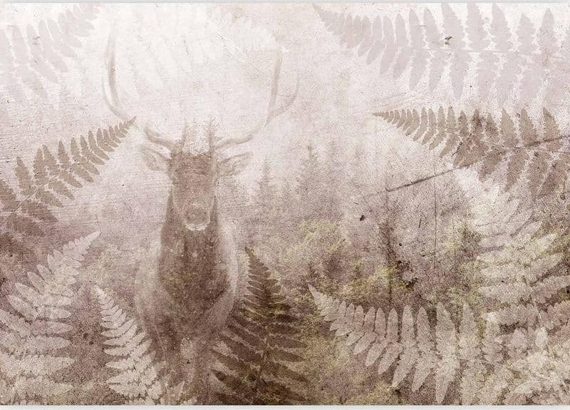 Carta da parati - Forest motif - deer with antlers among fern leaves on concrete pattern in Carta da parati Collezione Casa - Trebisacce, commercioVirtuoso.it