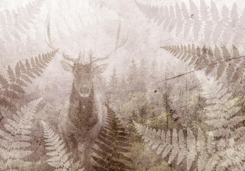 Carta da parati - Forest motif - deer with antlers among fern leaves on concrete pattern in Carta da parati Collezione Casa - Trebisacce, commercioVirtuoso.it