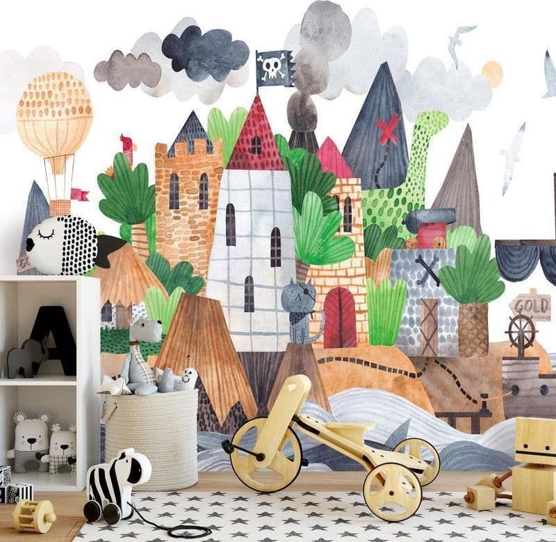 Carta da parati - A colourful treasure island with a castle - a pirate ship at sea for children in Carta da parati Collezione Casa - Trebisacce, commercioVirtuoso.it