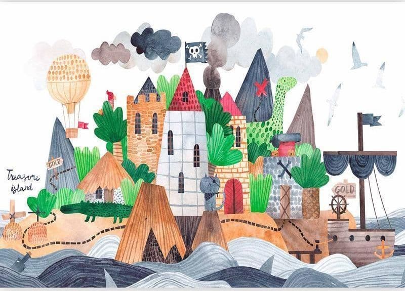 Carta da parati - A colourful treasure island with a castle - a pirate ship at sea for children in Carta da parati Collezione Casa - Trebisacce, commercioVirtuoso.it