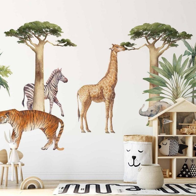 Carta da parati - Jungle Animals on White Background Made With Watercolour Technique in Carta da parati Collezione Casa - Trebisacce, commercioVirtuoso.it