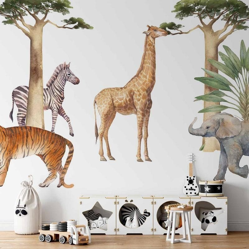 Carta da parati - Jungle Animals on White Background Made With Watercolour Technique in Carta da parati Collezione Casa - Trebisacce, commercioVirtuoso.it