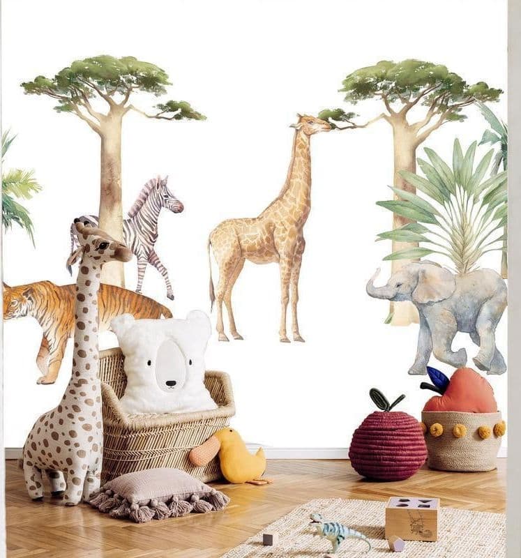 Carta da parati - Jungle Animals on White Background Made With Watercolour Technique in Carta da parati Collezione Casa - Trebisacce, commercioVirtuoso.it