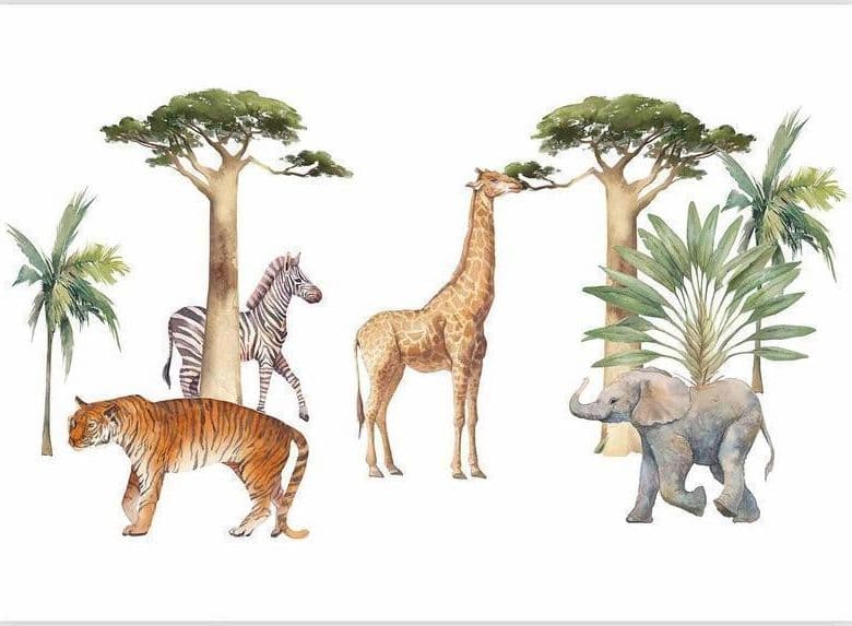 Carta da parati - Jungle Animals on White Background Made With Watercolour Technique in Carta da parati Collezione Casa - Trebisacce, commercioVirtuoso.it
