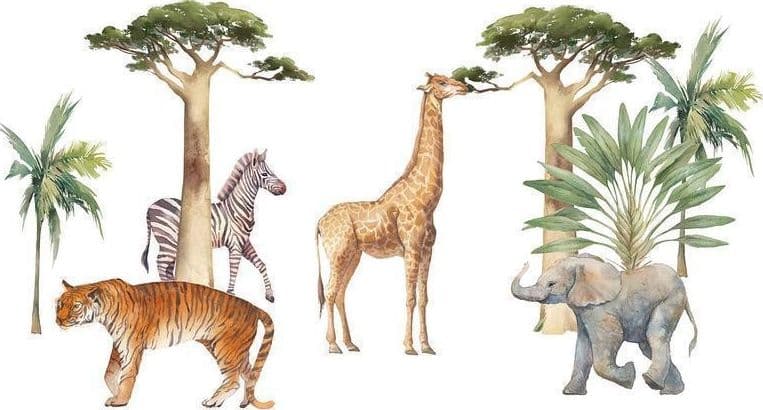 Carta da parati - Jungle Animals on White Background Made With Watercolour Technique in Carta da parati Collezione Casa - Trebisacce, commercioVirtuoso.it