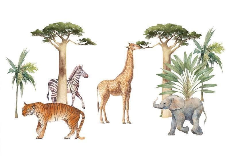 Carta da parati - Jungle Animals on White Background Made With Watercolour Technique in Carta da parati Collezione Casa - Trebisacce, commercioVirtuoso.it