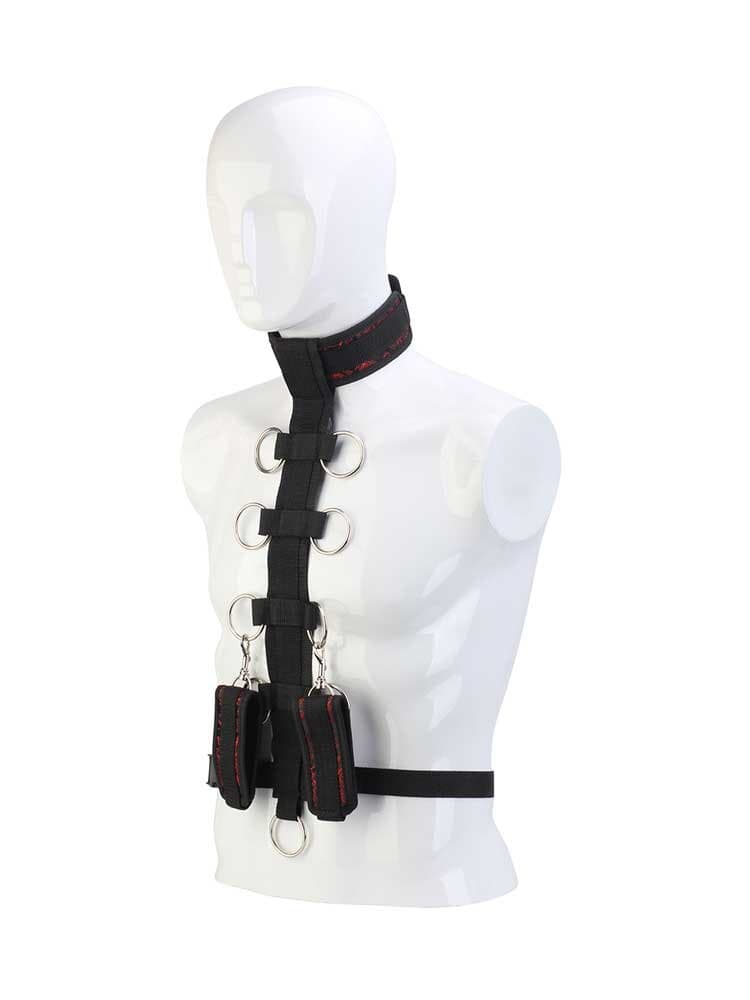 Collare Bondage contenzione con 9 anelli O rings e manette nero fetish BDSM in prodotto Erosdom - Palmi, commercioVirtuoso.it