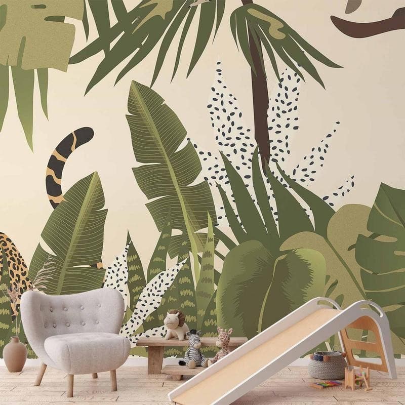 Carta da parati - Leaves and Shapes - Jungle in Faded Colours With Animals in Carta da parati Collezione Casa - Trebisacce, commercioVirtuoso.it
