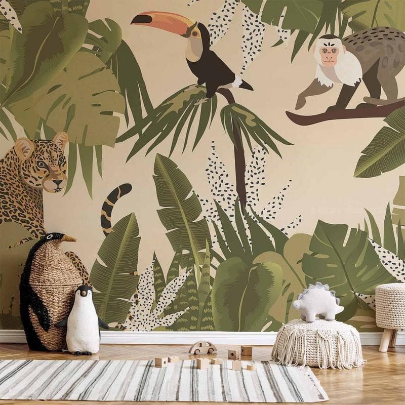 Carta da parati - Leaves and Shapes - Jungle in Faded Colours With Animals in Carta da parati Collezione Casa - Trebisacce, commercioVirtuoso.it