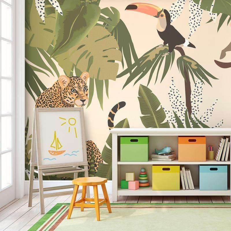 Carta da parati - Leaves and Shapes - Jungle in Faded Colours With Animals in Carta da parati Collezione Casa - Trebisacce, commercioVirtuoso.it