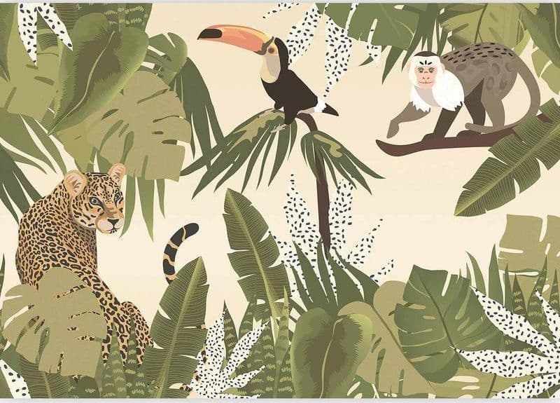 Carta da parati - Leaves and Shapes - Jungle in Faded Colours With Animals in Carta da parati Collezione Casa - Trebisacce, commercioVirtuoso.it