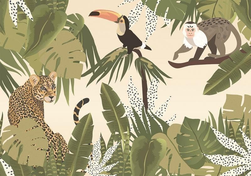 Carta da parati - Leaves and Shapes - Jungle in Faded Colours With Animals in Carta da parati Collezione Casa - Trebisacce, commercioVirtuoso.it