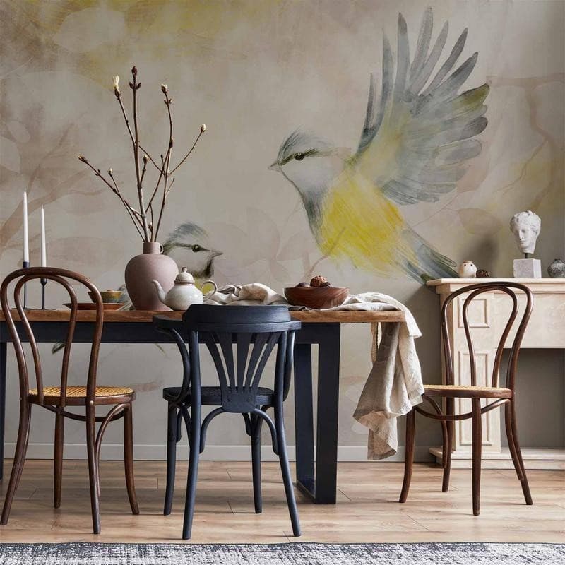 Carta da parati - Painted tits - bird motif with patterns in yellow and beige tones in Carta da parati Collezione Casa - Trebisacce, commercioVirtuoso.it