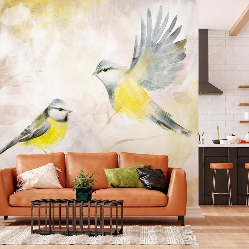 Carta da parati - Painted tits - bird motif with patterns in yellow and beige tones in Carta da parati Collezione Casa - Trebisacce, commercioVirtuoso.it