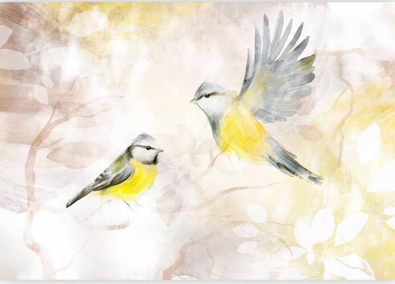 Carta da parati - Painted tits - bird motif with patterns in yellow and beige tones in Carta da parati Collezione Casa - Trebisacce, commercioVirtuoso.it