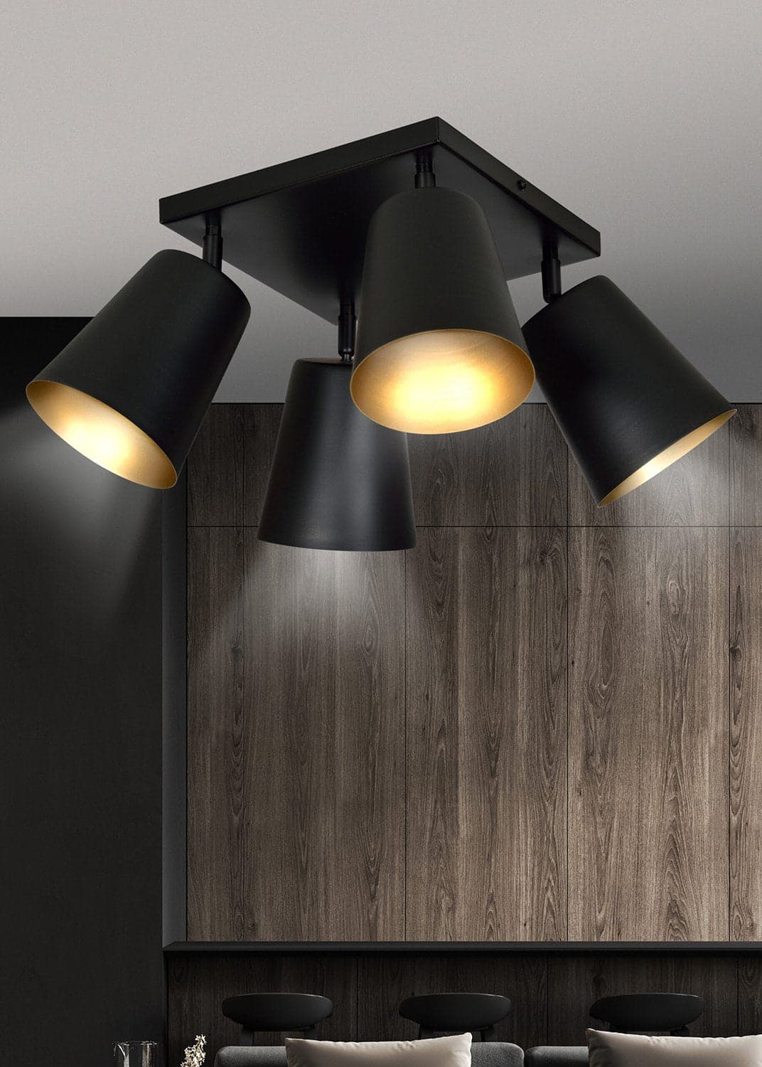 Plafoniera A Faretti 4 Luci Prism Con Coni In Acciaio Nero E Oro Interno in Faretti da soffitto LuceArt - Montecorvino Pugliano, commercioVirtuoso.it