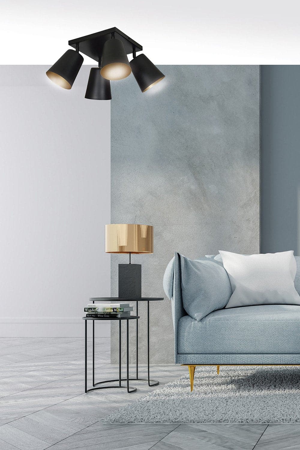 Plafoniera A Faretti 4 Luci Prism Con Coni In Acciaio Nero E Oro Interno in Faretti da soffitto LuceArt - Montecorvino Pugliano, commercioVirtuoso.it