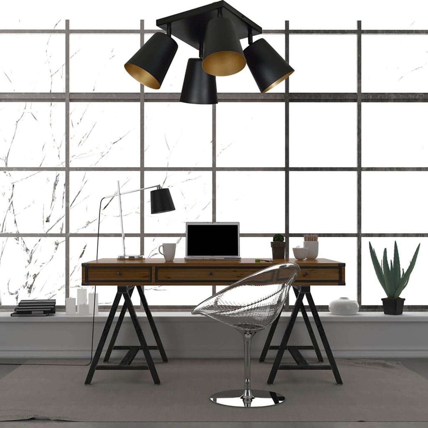 Plafoniera A Faretti 4 Luci Prism Con Coni In Acciaio Nero E Oro Interno in Faretti da soffitto LuceArt - Montecorvino Pugliano, commercioVirtuoso.it