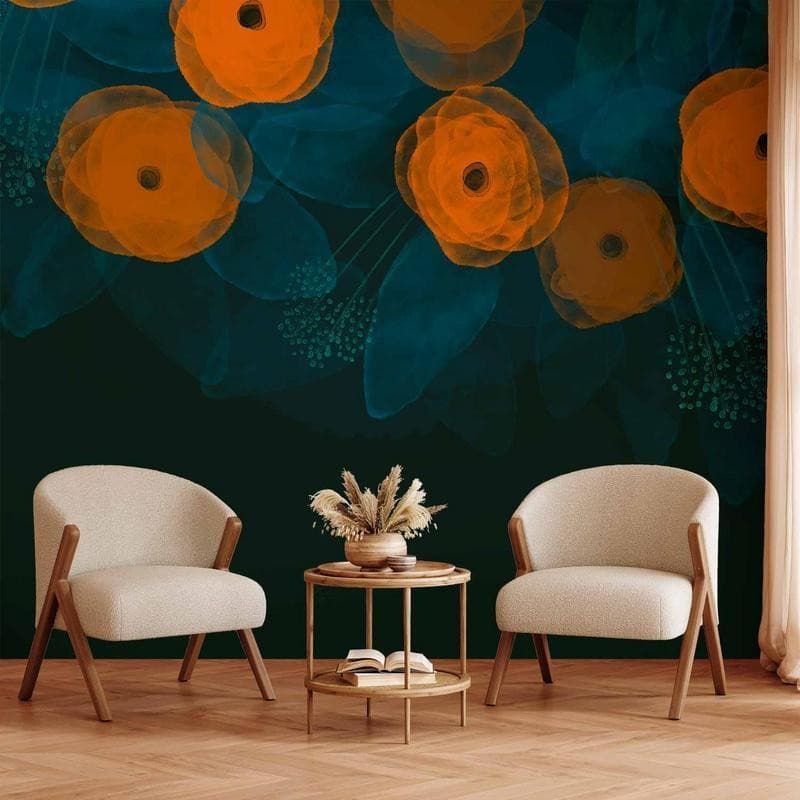 Carta da parati - Watercolour composition - orange patterns on a delicate leaf background in Carta da parati Collezione Casa - Trebisacce, commercioVirtuoso.it