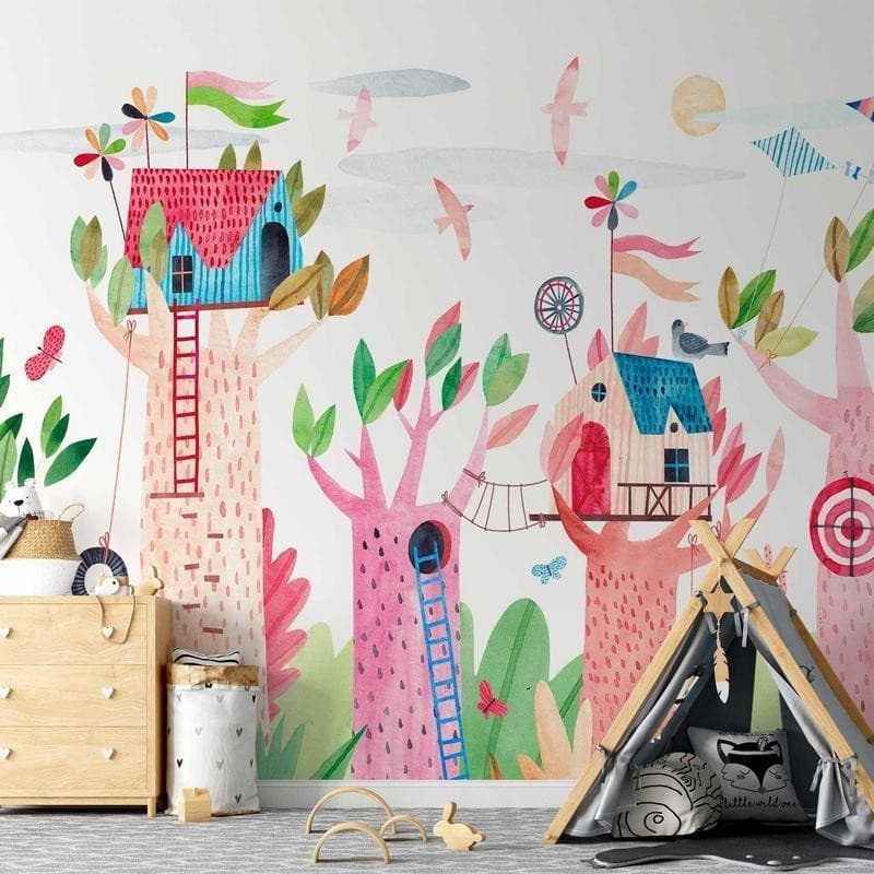 Carta da parati - Painted tree houses - a colourful fantasy with kites for children in Carta da parati Collezione Casa - Trebisacce, commercioVirtuoso.it