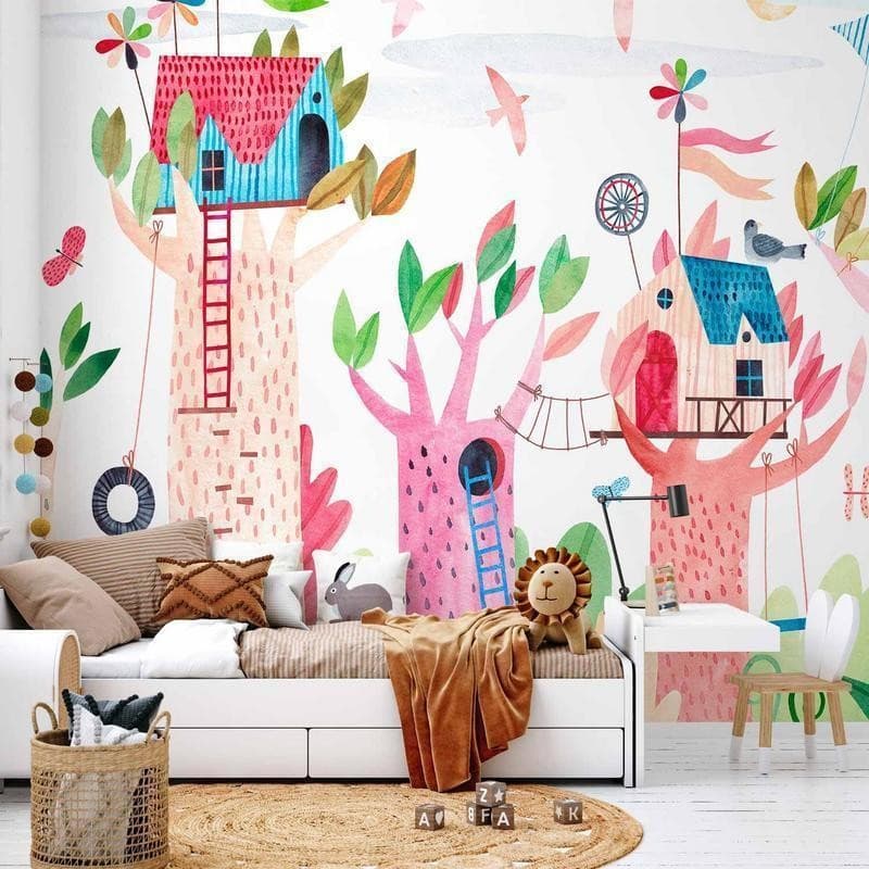 Carta da parati - Painted tree houses - a colourful fantasy with kites for children in Carta da parati Collezione Casa - Trebisacce, commercioVirtuoso.it