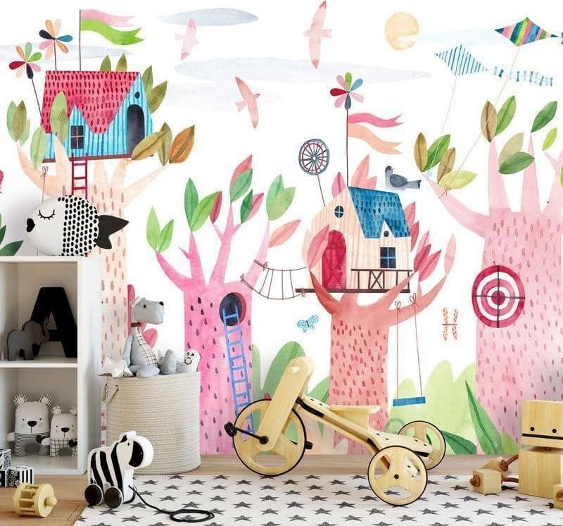 Carta da parati - Painted tree houses - a colourful fantasy with kites for children in Carta da parati Collezione Casa - Trebisacce, commercioVirtuoso.it