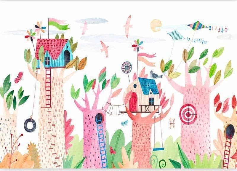 Carta da parati - Painted tree houses - a colourful fantasy with kites for children in Carta da parati Collezione Casa - Trebisacce, commercioVirtuoso.it