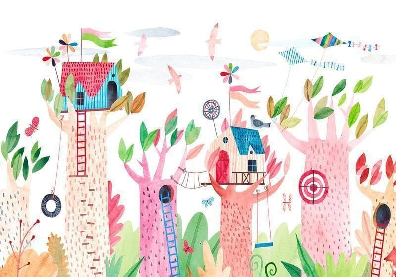 Carta da parati - Painted tree houses - a colourful fantasy with kites for children in Carta da parati Collezione Casa - Trebisacce, commercioVirtuoso.it