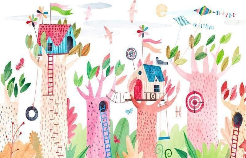 Carta da parati - Painted tree houses - a colourful fantasy with kites for children in Carta da parati Collezione Casa - Trebisacce, commercioVirtuoso.it