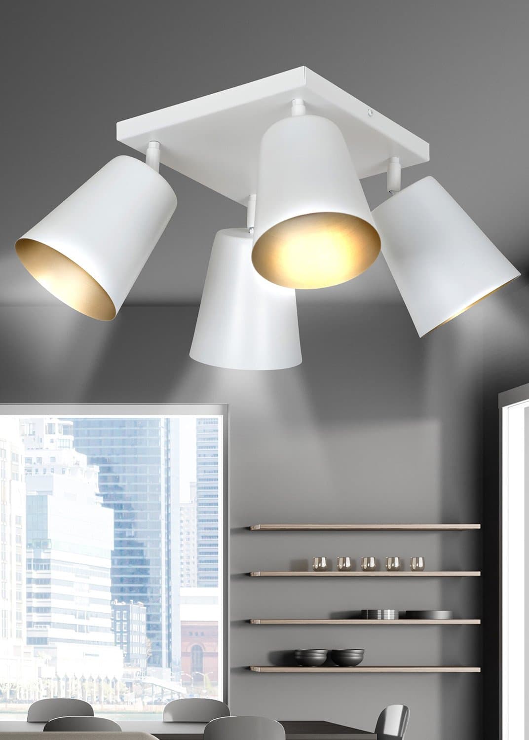 Plafoniera A Faretti 4 Luci Prism Con Coni In Acciaio Bianco E Oro Interno in Lampadari LuceArt - Montecorvino Pugliano, commercioVirtuoso.it