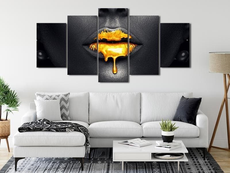 Quadro - Gold Lips (5 Parts) Wide in Poster e stampe Collezione Casa - Trebisacce, commercioVirtuoso.it