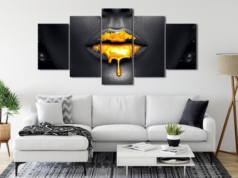 Quadro - Gold Lips (5 Parts) Wide in Poster e stampe Collezione Casa - Trebisacce, commercioVirtuoso.it