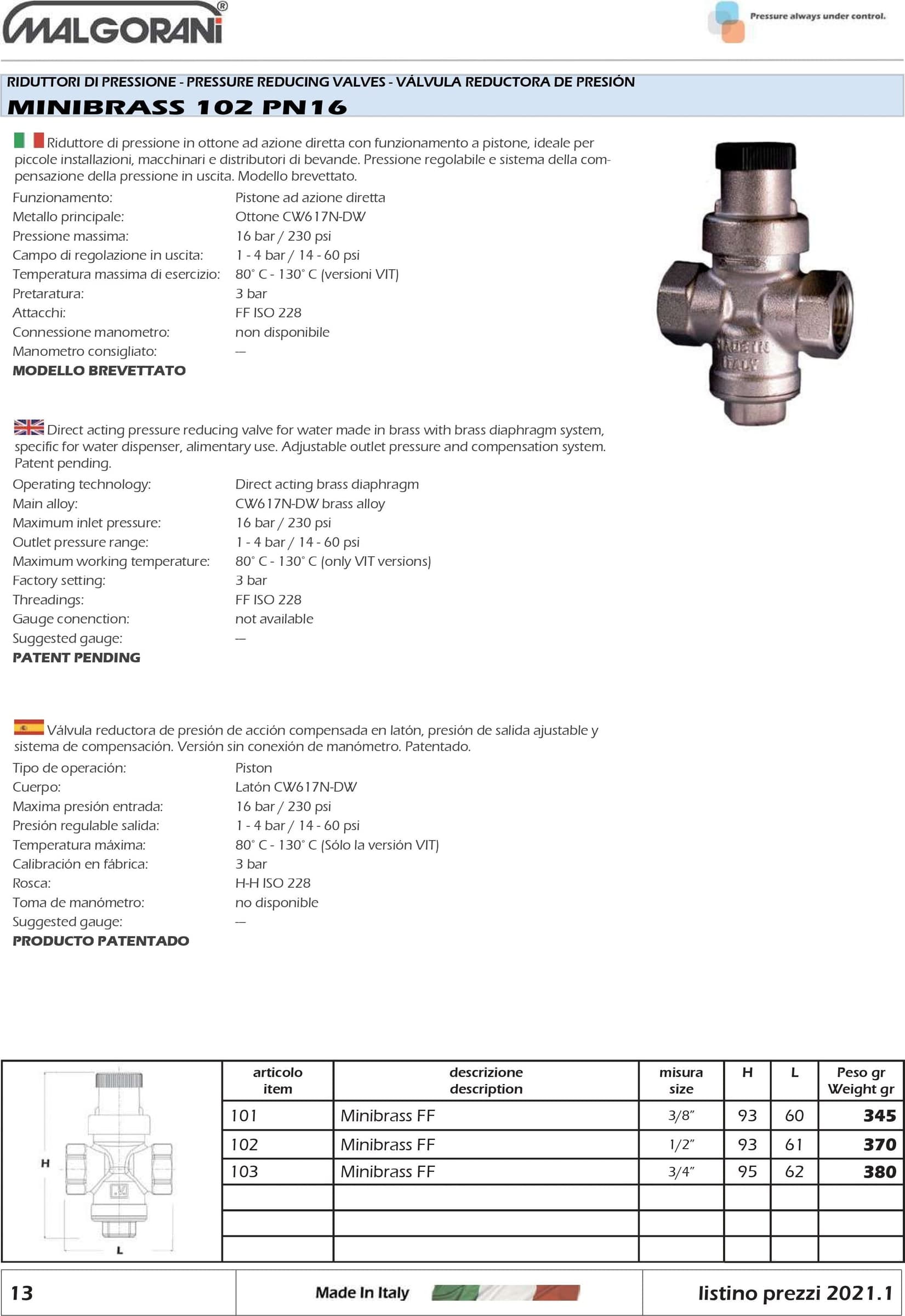 Malgorani 1/2" PN 16 FF riduttore di pressione per boiler - senza bocchettoni in Accessori Aloiserw.com - Altomonte, commercioVirtuoso.it