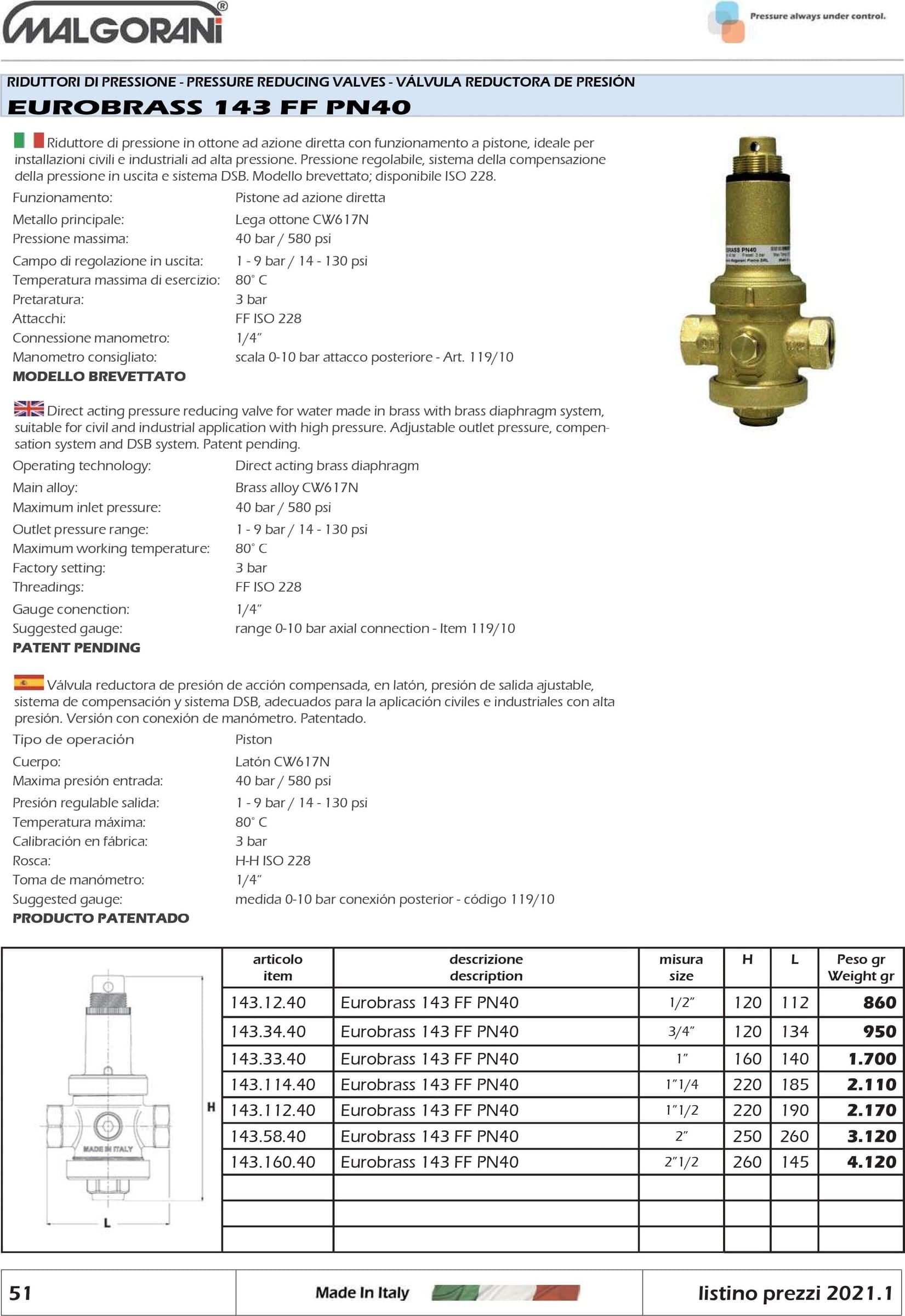 Malgorani 1/2" PN 40 riduttore di pressione per acqua e aria - senza bocchettoni in Accessori per compressori Aloiserw.com - Altomonte, commercioVirtuoso.it