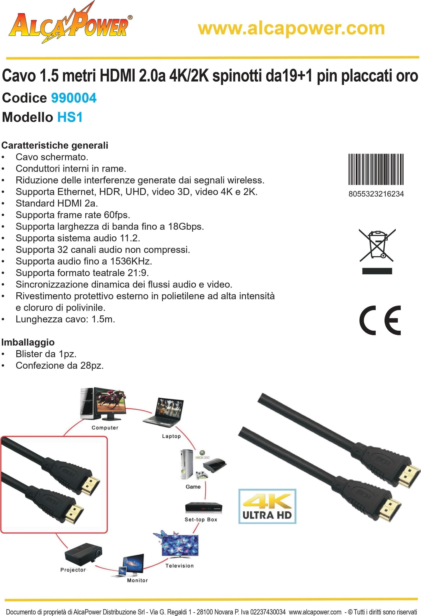 Cavo 1,5 metri HDMI 2.0a 4K/2K spinotti da19+1 pin placcati oro in Cavi HDMI Aloiserw.com - Altomonte, commercioVirtuoso.it